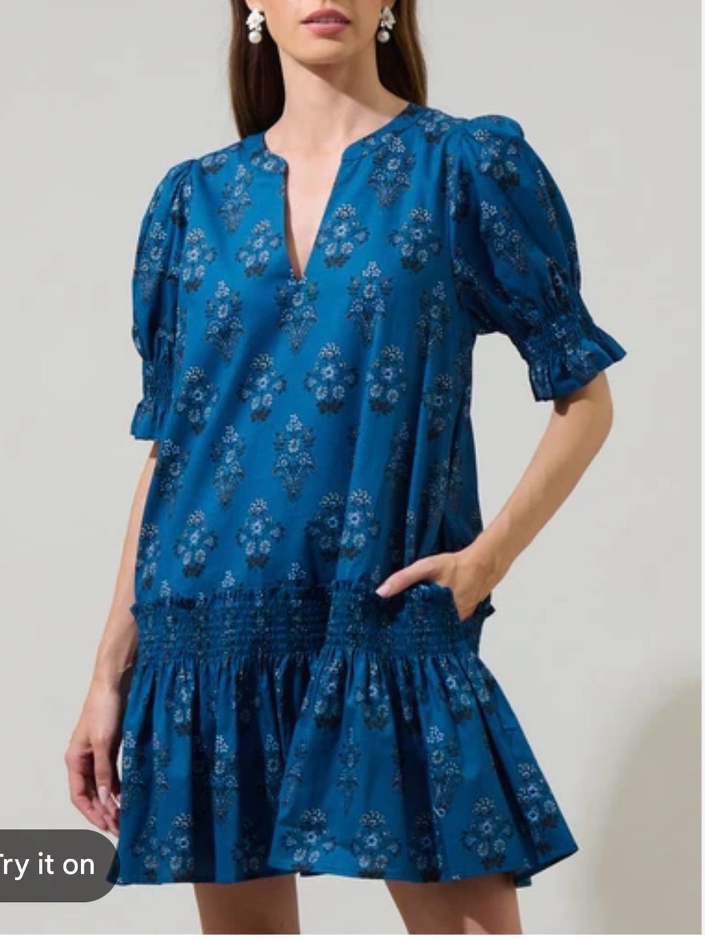 Sugarlips Blue Floral Puff-Sleeve Mini Dress